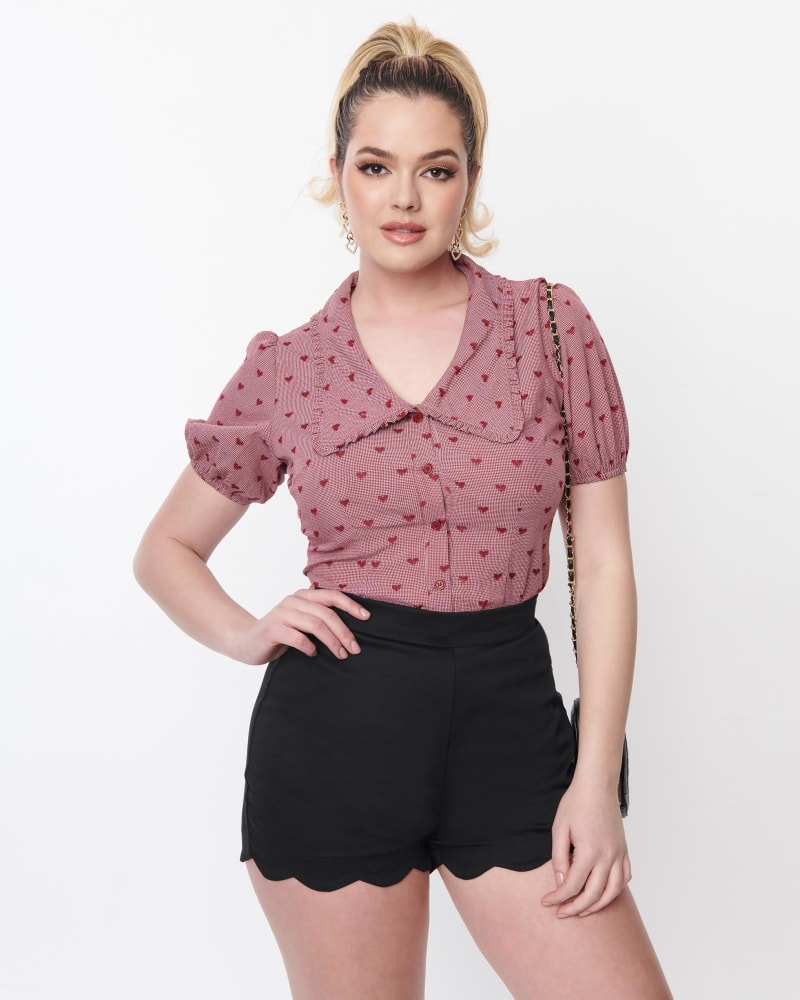 Front of a model wearing a size L Unique Vintage Berry Heart Oversized Collar Blouse in Red by Unique Vintage. | dia_product_style_image_id:300983
